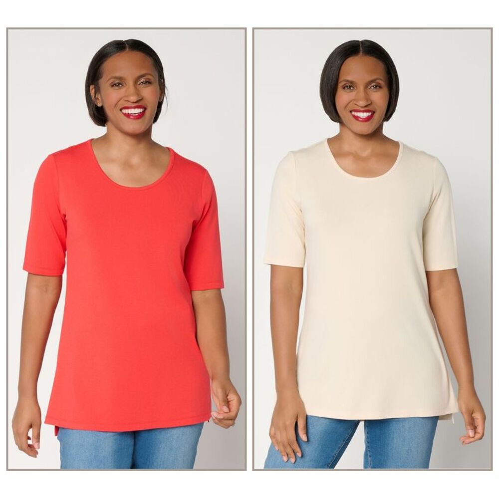 Denim & Co. Women's Top Petite 1XP Essentials So Soft Multi-colored